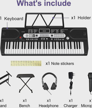 61-Toetsen Beginners Digitale Piano Keyboard Set met Microfoon, Koptelefoon, Standaard en Kruk