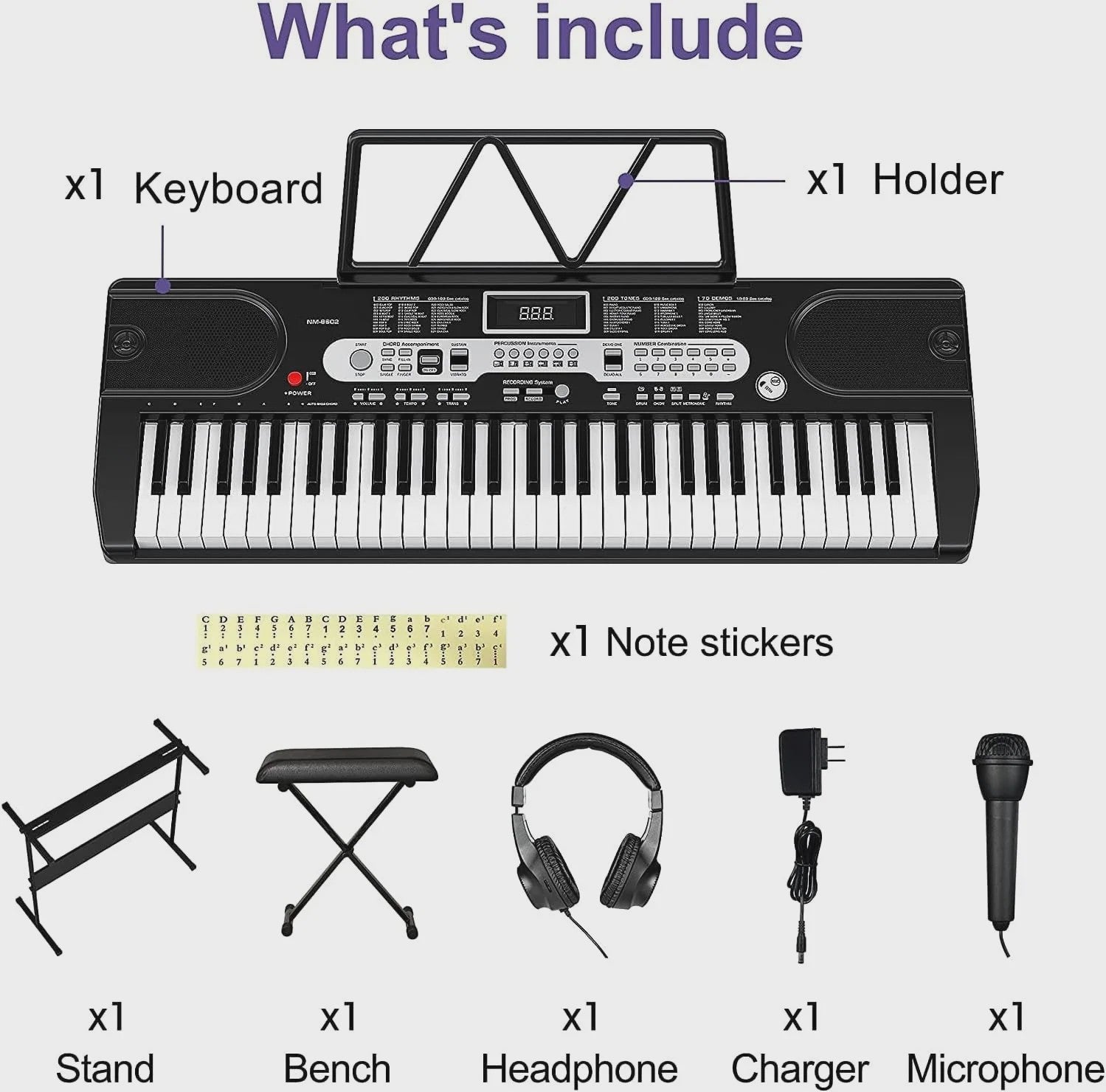 61-Toetsen Beginners Digitale Piano Keyboard Set met Microfoon, Koptelefoon, Standaard en Kruk