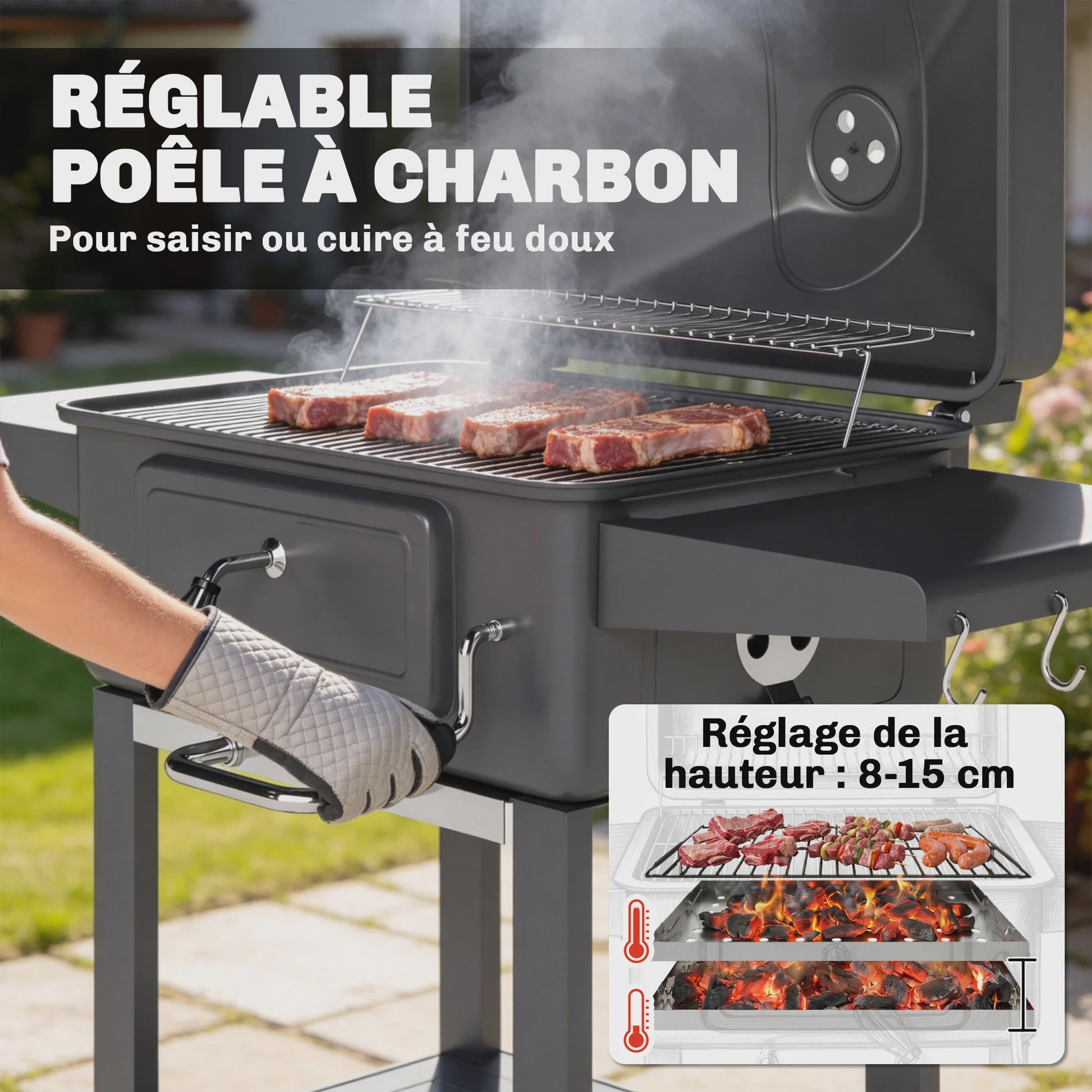 Outsunny XXL Houtskool Barbecue Tuinwagen Grill met Deksel, Aslade en Ventilatieroosters - 112cm Zwart
