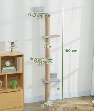 Pawhut 5-Niveaus Klimpaal voor Katten - Wandmontage, Krabpaal met Bal, 180 cm, Lichtgrijs