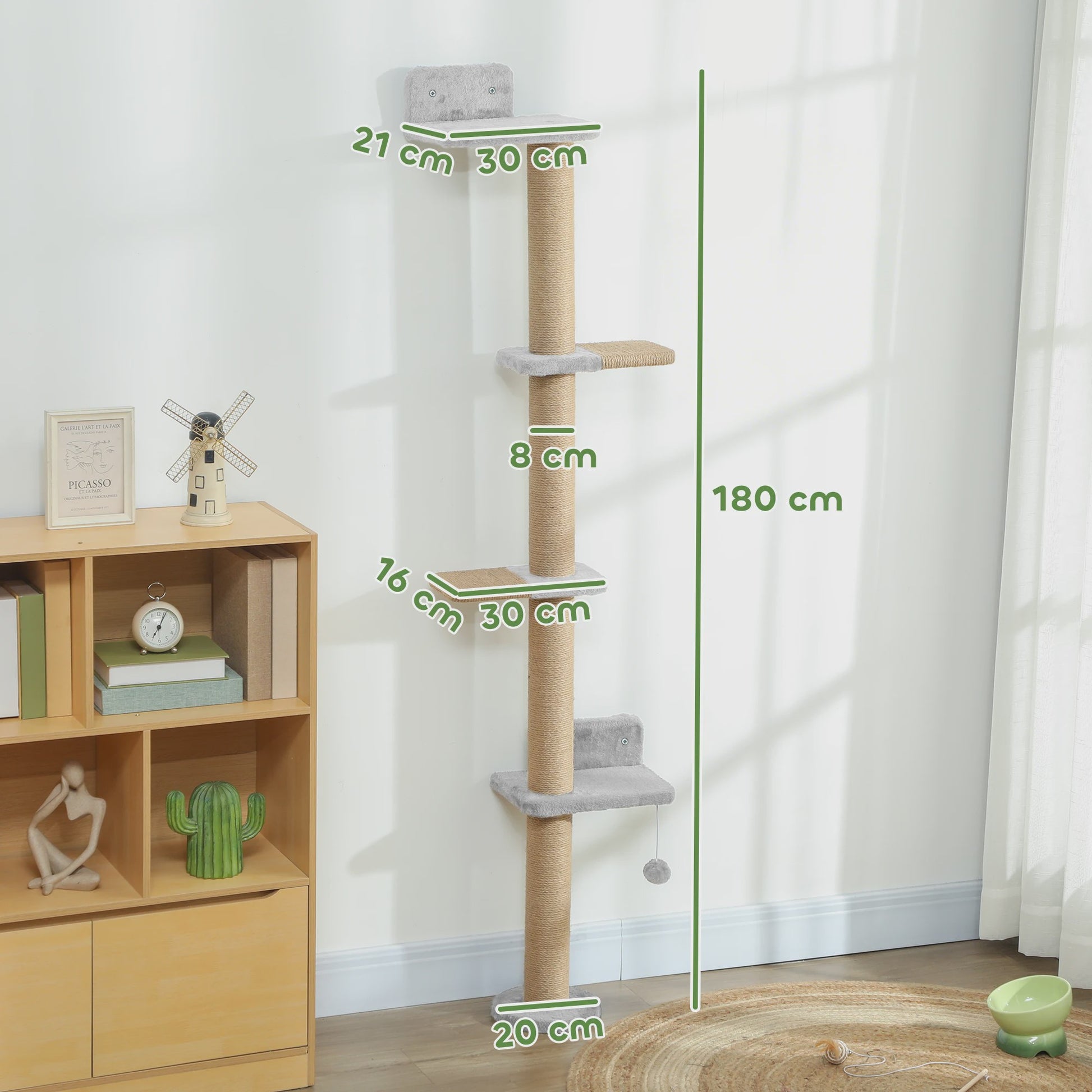 Pawhut 5-Niveaus Klimpaal voor Katten - Wandmontage, Krabpaal met Bal, 180 cm, Lichtgrijs