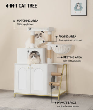 Moderne 4-in-1 Kattenboom met Kattenbakmeubel, Groot Platform, Trapjes en Pompom