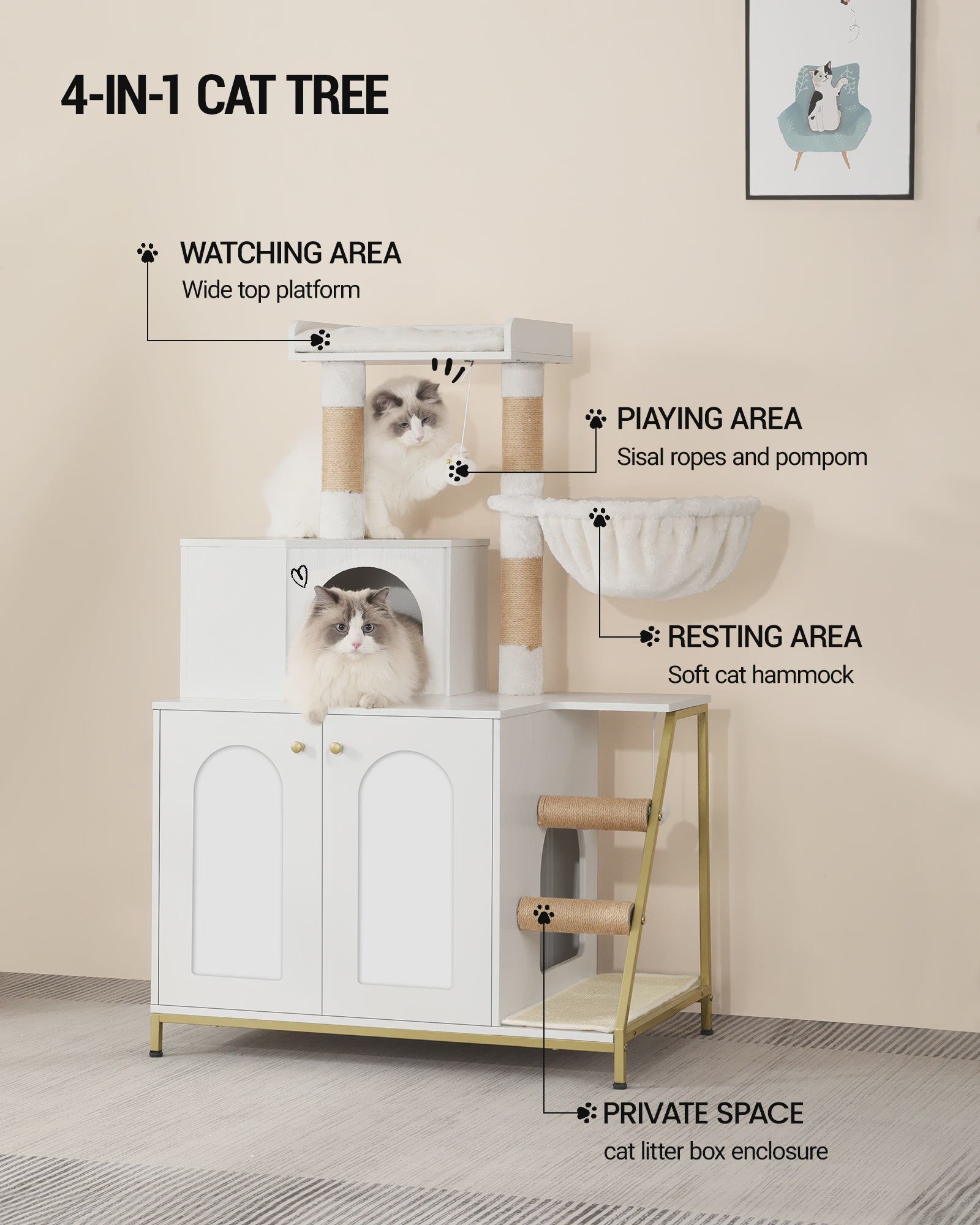 Moderne 4-in-1 Kattenboom met Kattenbakmeubel, Groot Platform, Trapjes en Pompom