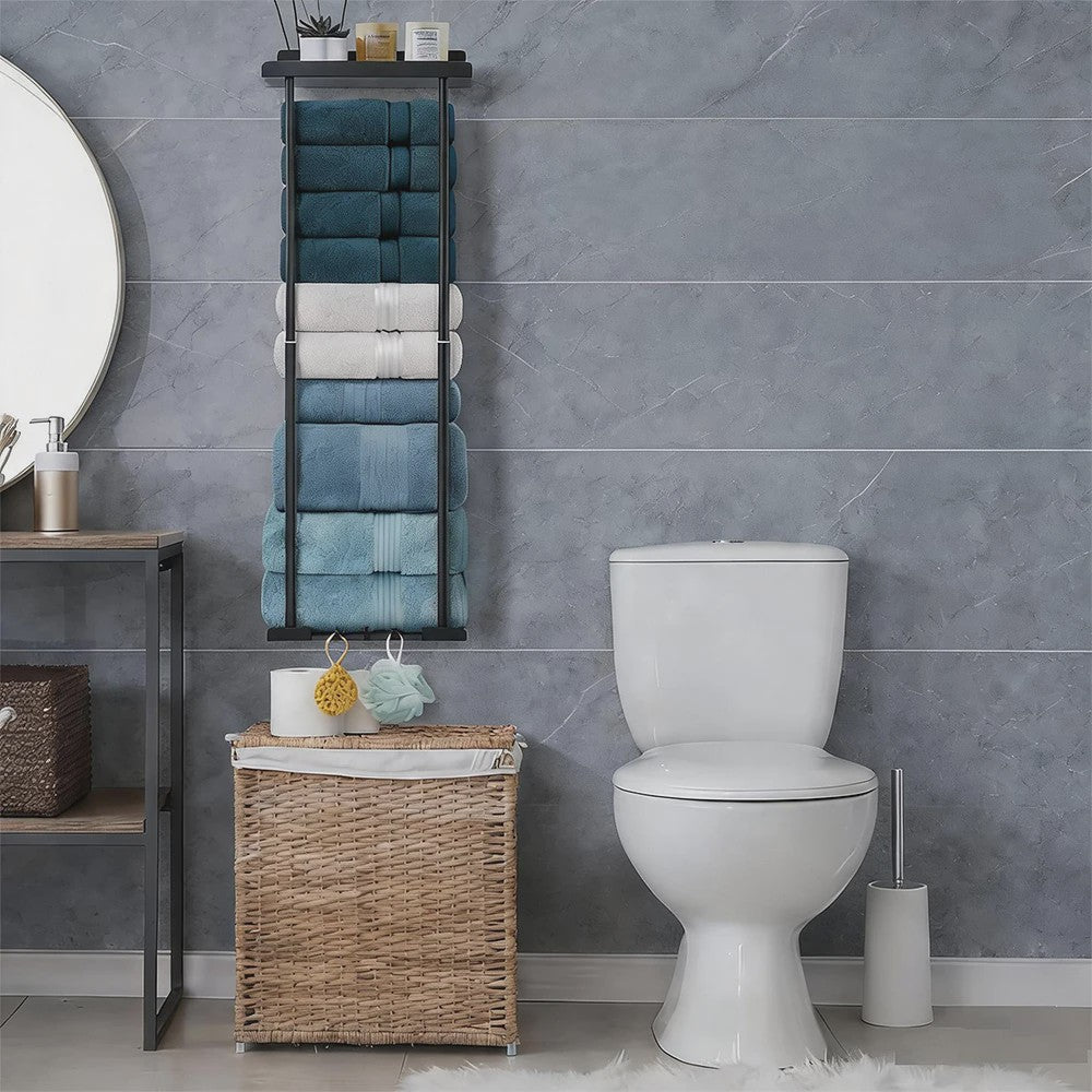 Verstelbaar Zwart Handdoekrek met Boven- en Onderplank - Ideaal voor Badkamer, Camper, Woonkamer & Sauna