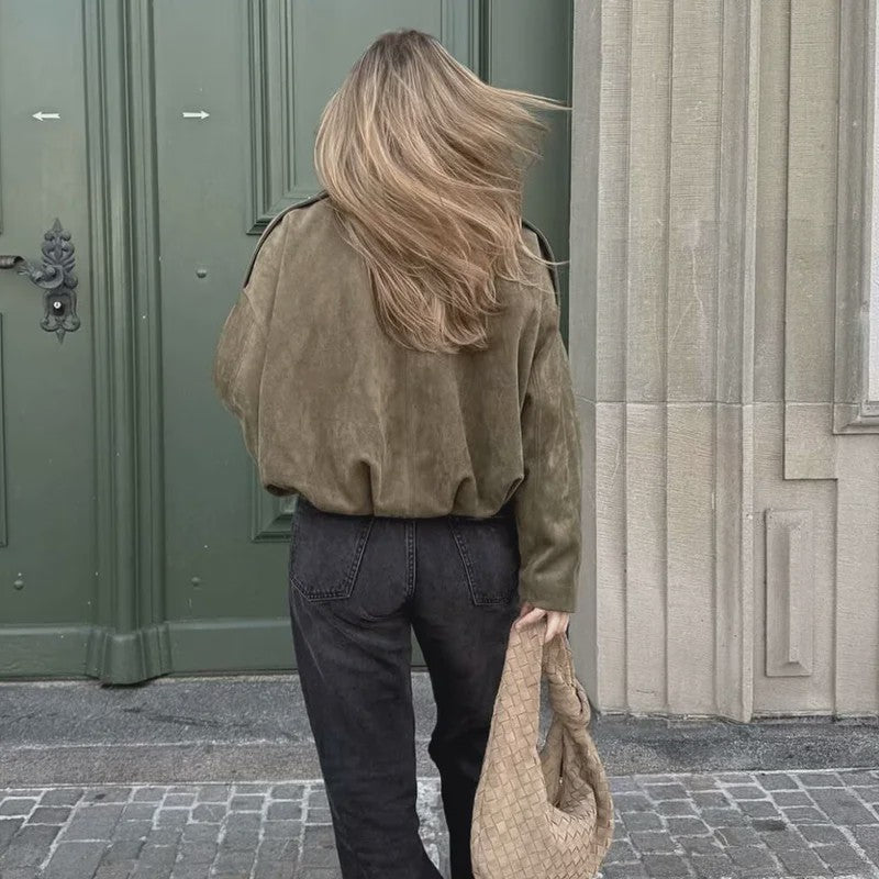 Dames Bomberjack met Omvouwbare Kraag - Vintage Stijl Losse Pasvorm