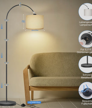 Stijlvolle Boog Vloerlamp 170cm met Linnen Kap & Inclusief 12W LED Lamp - Voetschakelaar