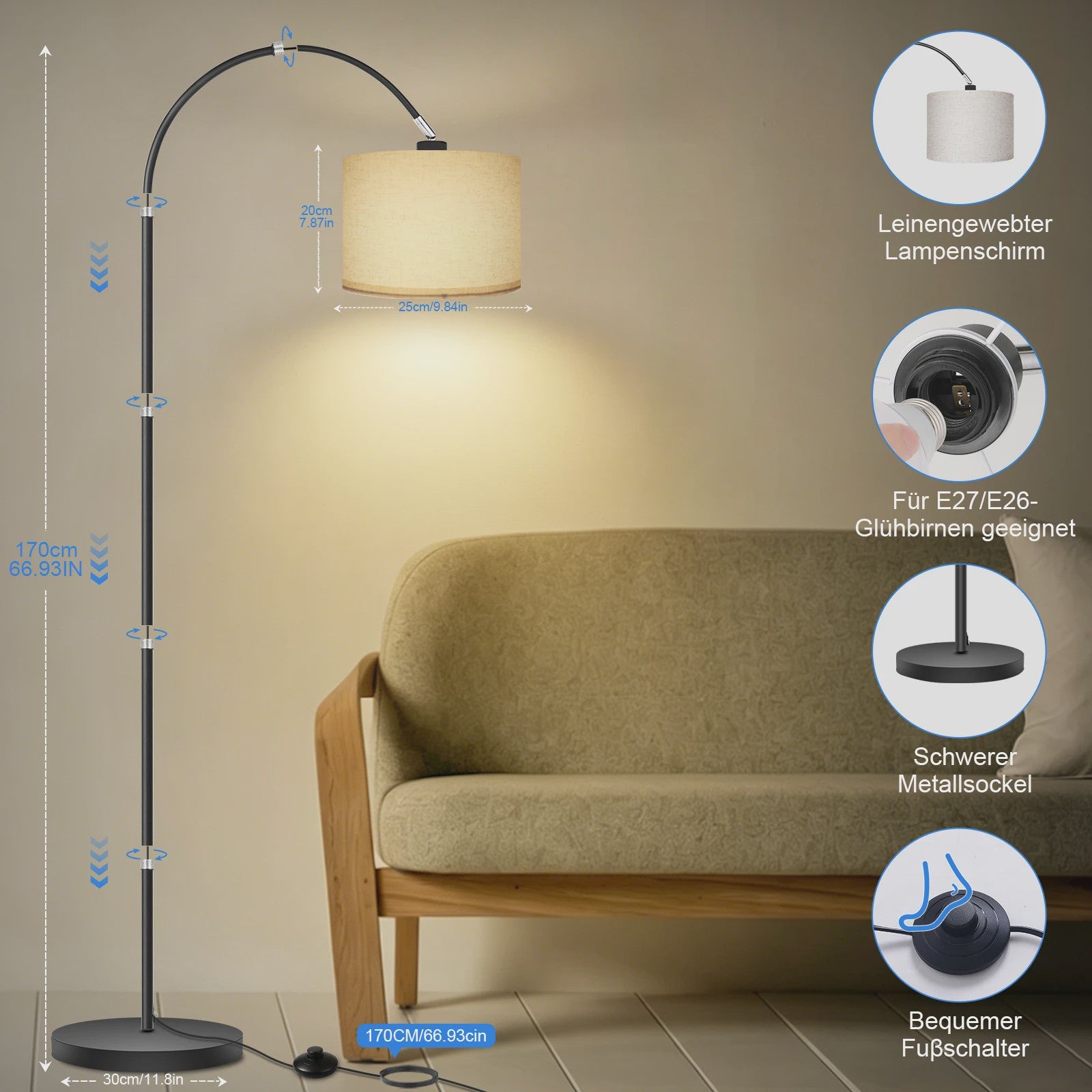 Stijlvolle Boog Vloerlamp 170cm met Linnen Kap & Inclusief 12W LED Lamp - Voetschakelaar