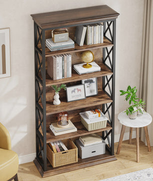 Industriële 6-Tier Boekenkast - 180 cm Hoge Open Opbergkast met 5 Planken