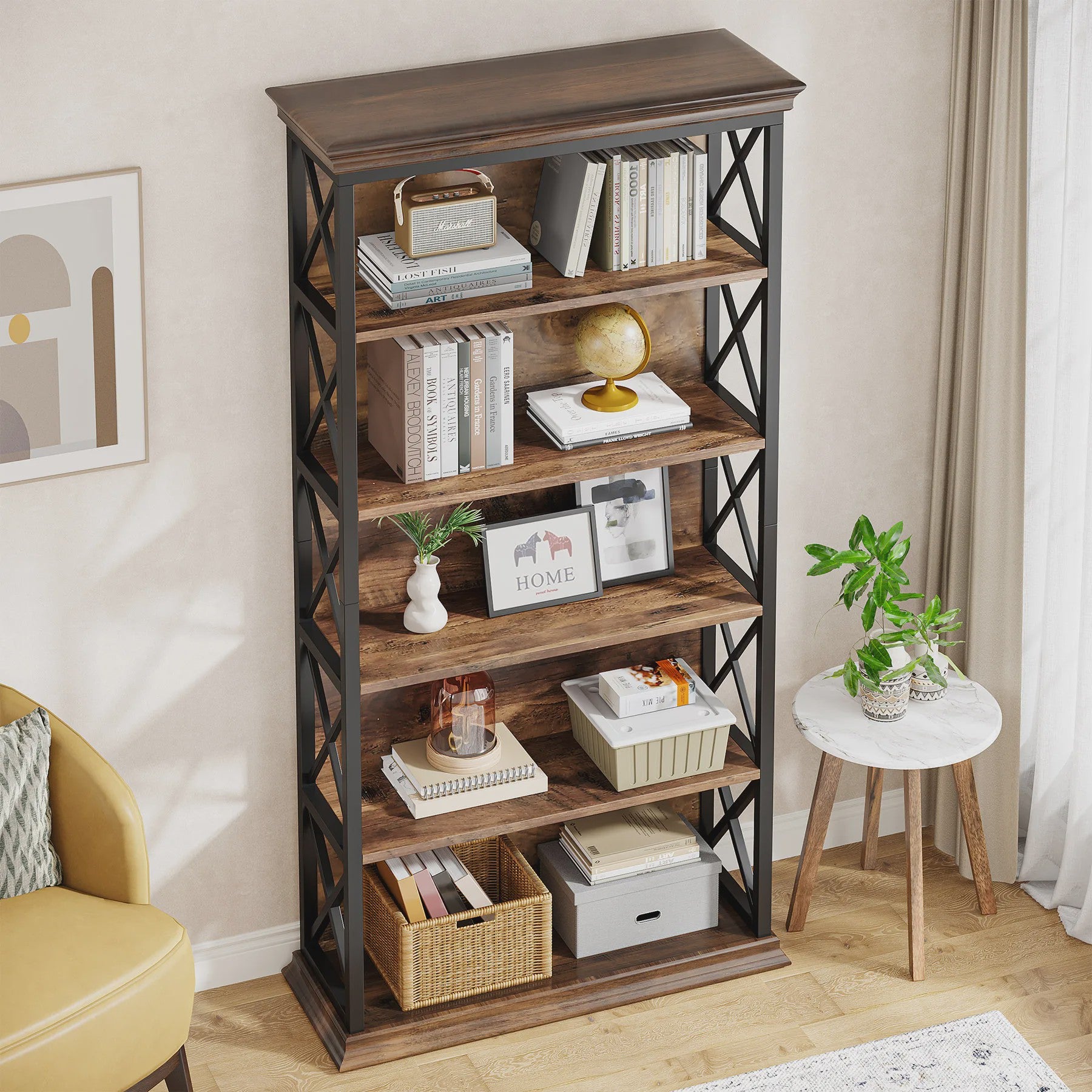 Industriële 6-Tier Boekenkast - 180 cm Hoge Open Opbergkast met 5 Planken