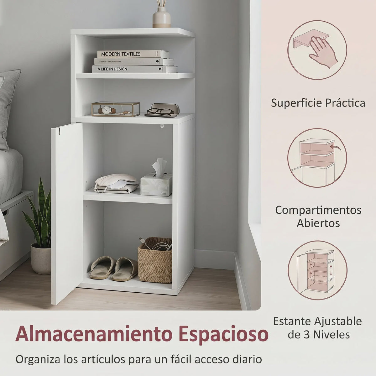 Set van 2 Witte Nachtkastjes met Deur en Open Vakken - Compact Slaapkamer Meubel 25x30x60 cm