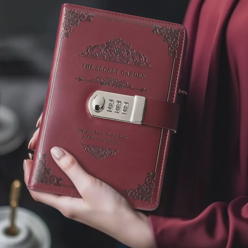 A5 PU Leder Dagboek met Cijferslot - Rood Vintage Notitieboek voor Geheimen & Cadeaus