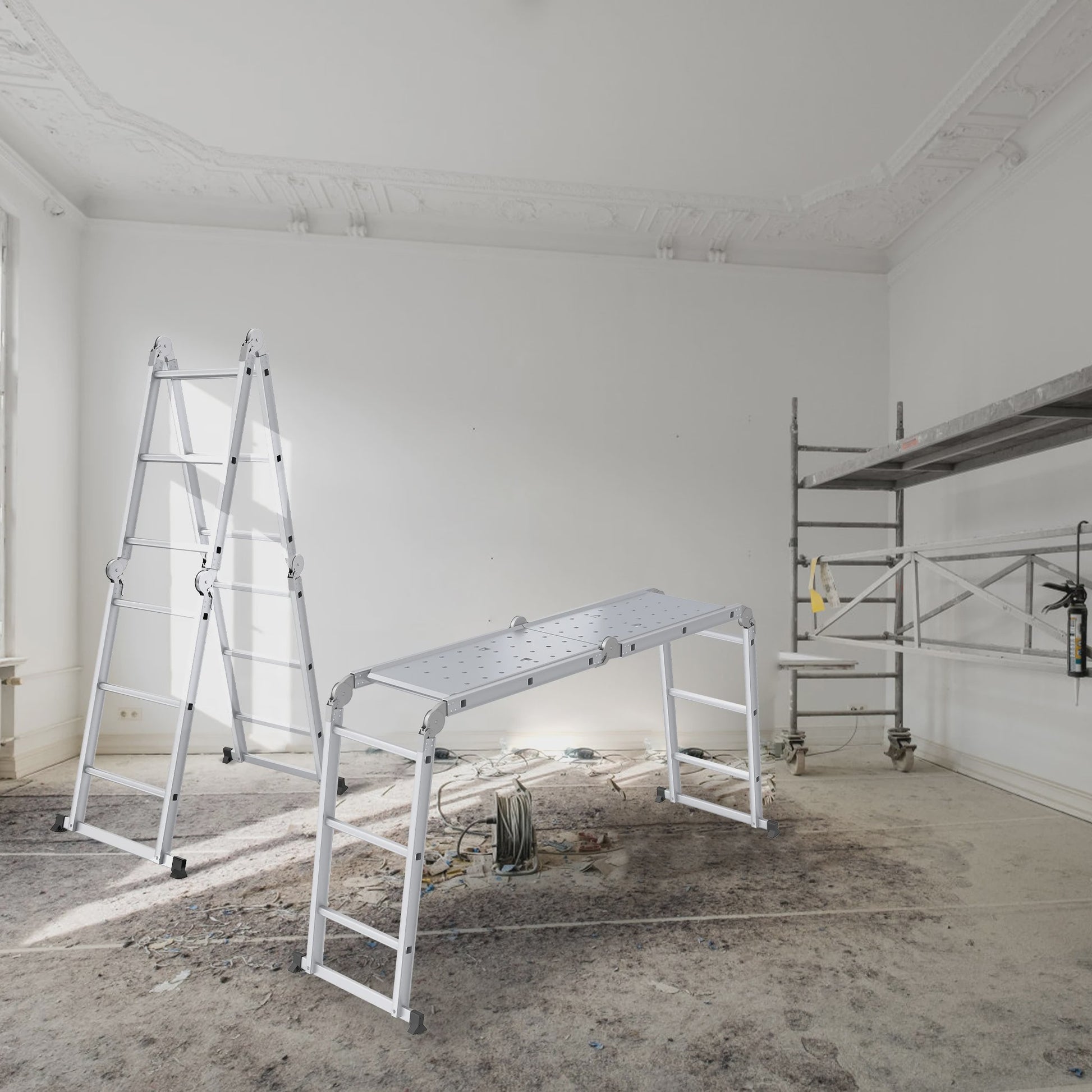 6-in-1 Aluminium Multifunctionele Ladder met Platform - Verstelbaar & Inklapbaar