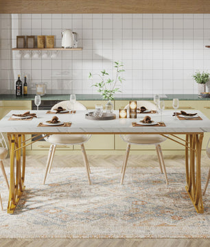 Moderne Eettafel Marmerlook 160cm Rechthoekig voor 4-6 Personen met Gouden Onderstel