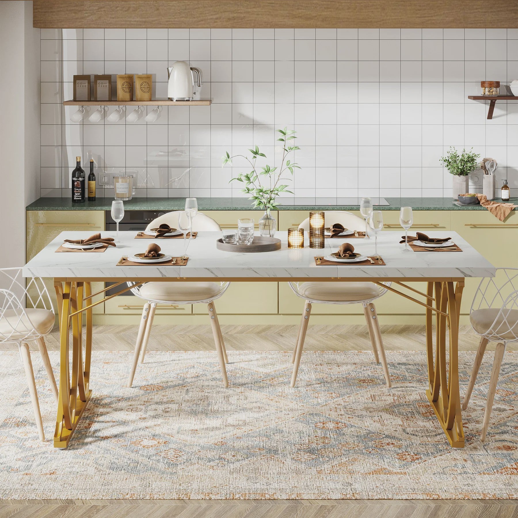 Moderne Eettafel Marmerlook 160cm Rechthoekig voor 4-6 Personen met Gouden Onderstel
