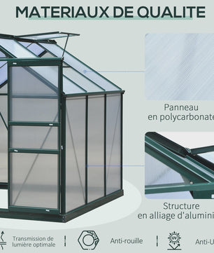 Outsunny Polycarbonaat Tuinkas 190x201 cm UV-bestendig met Dakgoot - Donkergroen