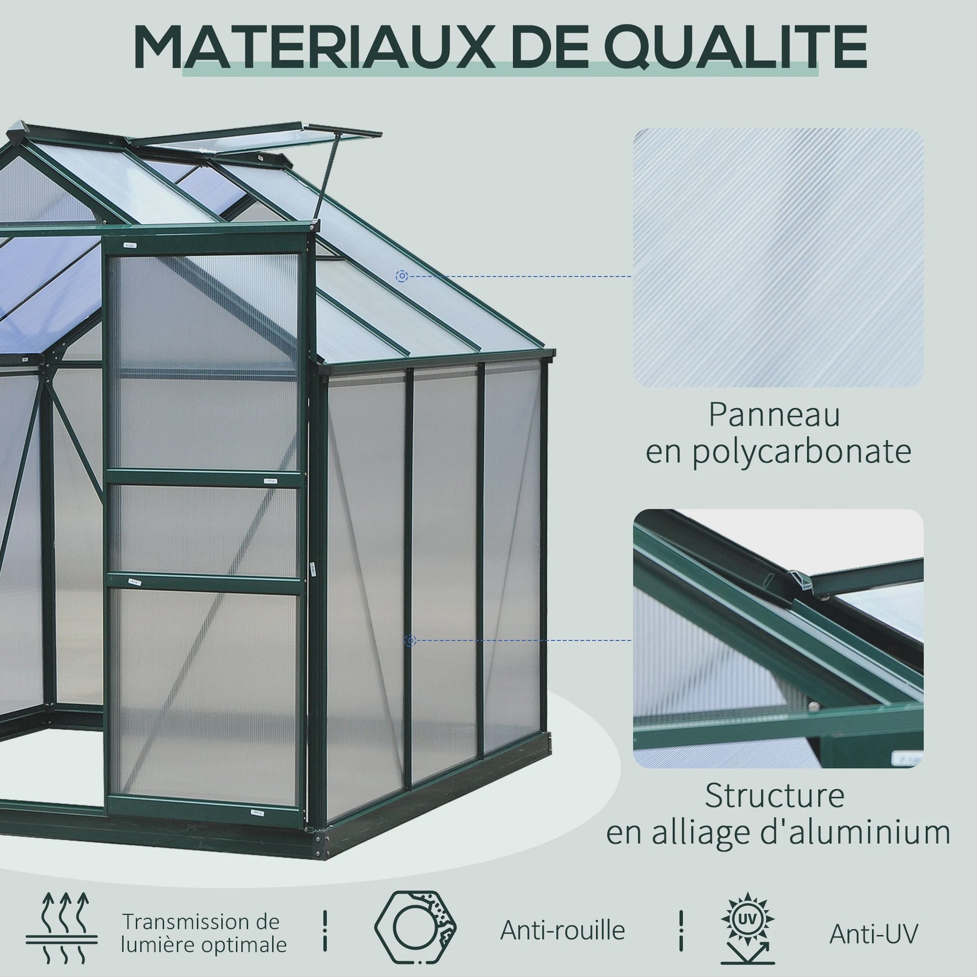 Outsunny Polycarbonaat Tuinkas 190x201 cm UV-bestendig met Dakgoot - Donkergroen