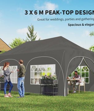 Outsunny Partytent 6x3m Pop-Up met 6 Zijwanden, Verstelbare Hoogte en Ramen