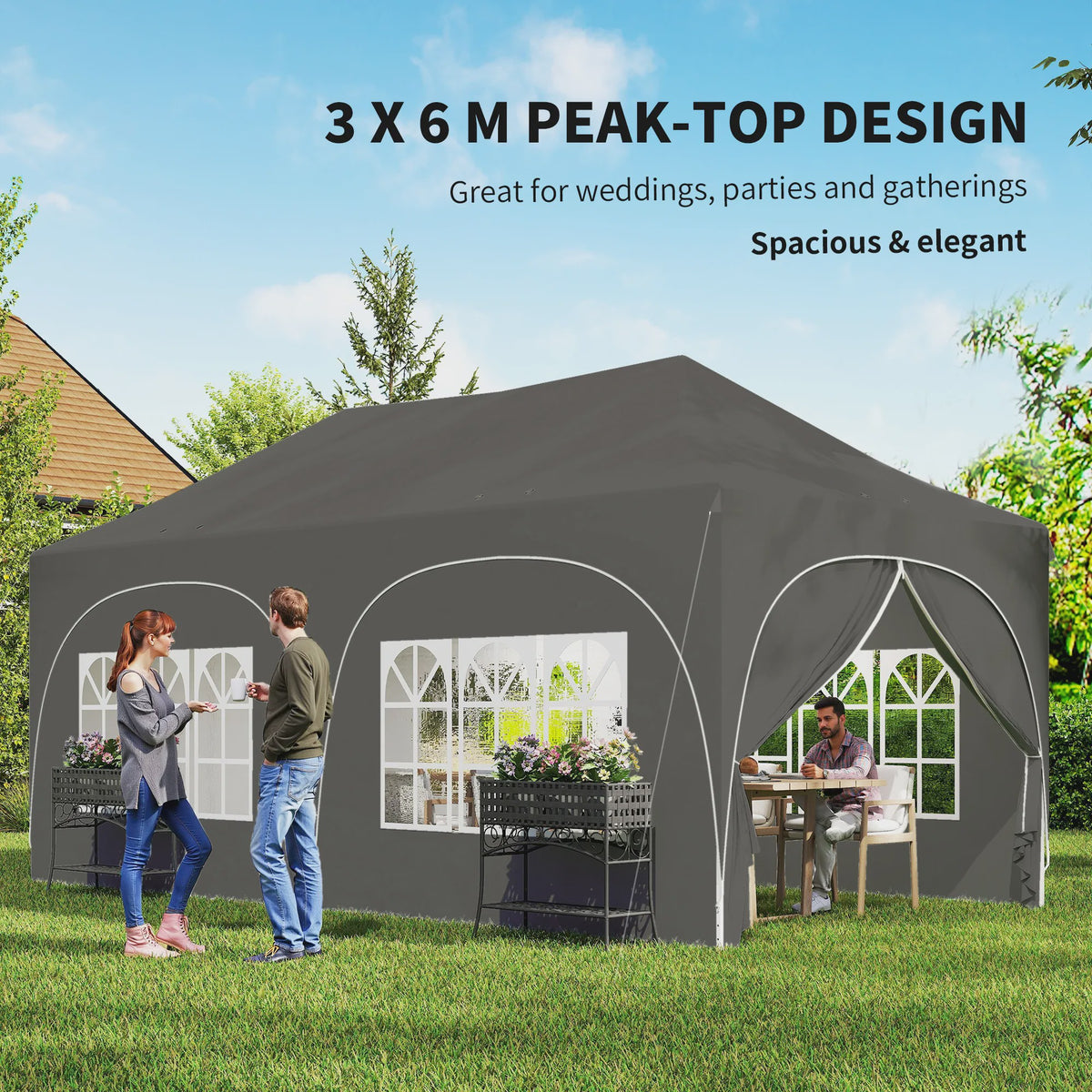 Outsunny Partytent 6x3m Pop-Up met 6 Zijwanden, Verstelbare Hoogte en Ramen