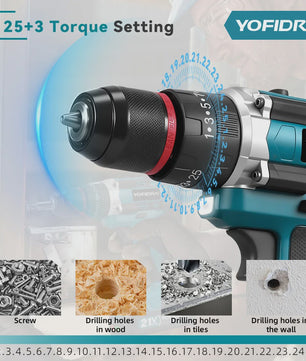 YOFIDRA 21V Accu Klopboormachine 3-in-1 met 25+3 Koppelinstellingen en LED Verlichting