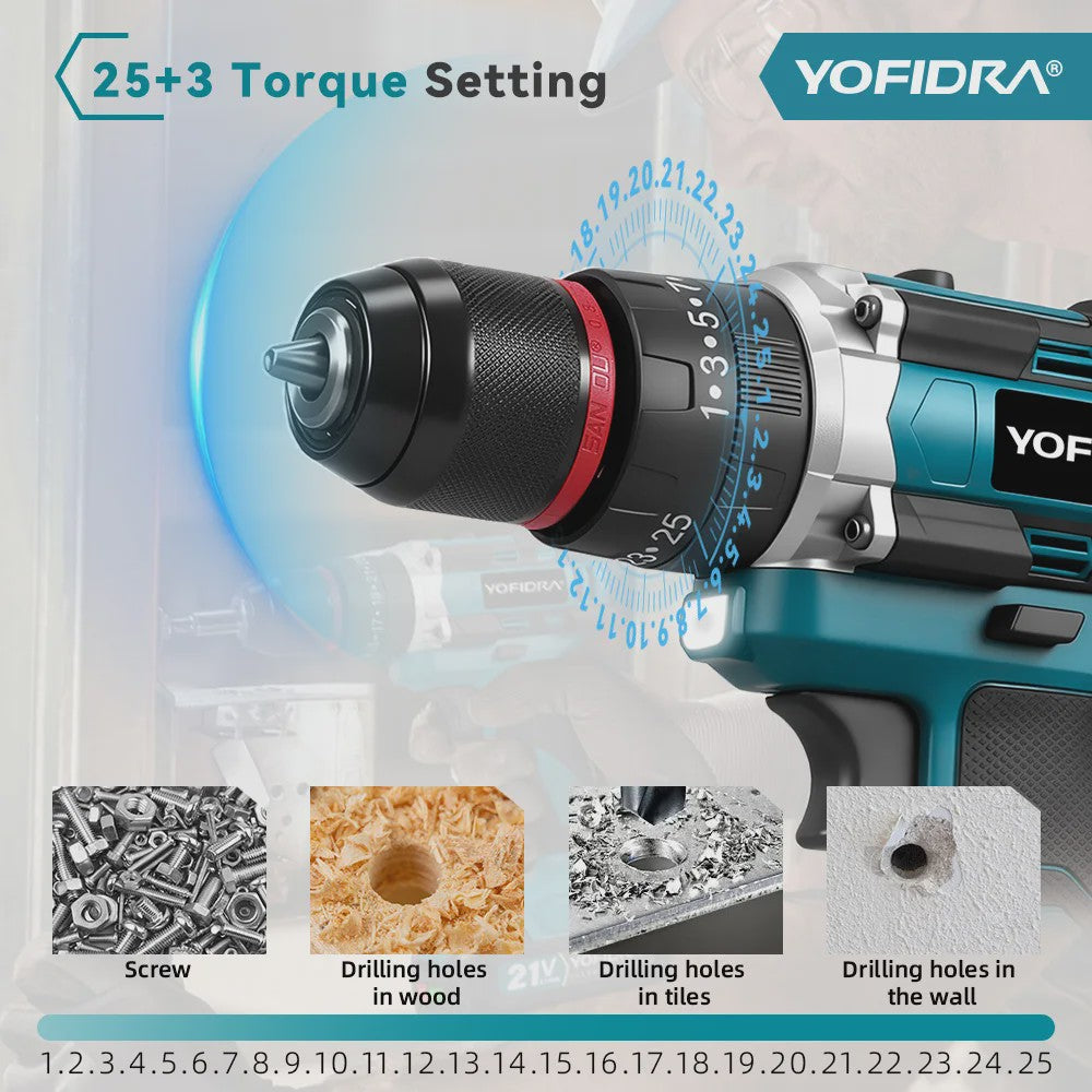 YOFIDRA 21V Accu Klopboormachine 3-in-1 met 25+3 Koppelinstellingen en LED Verlichting