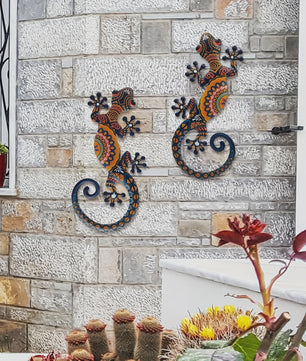 Set van 2 Metalen Gekko Wanddecoratie - Levendige Tribal Patronen voor Binnen & Buiten