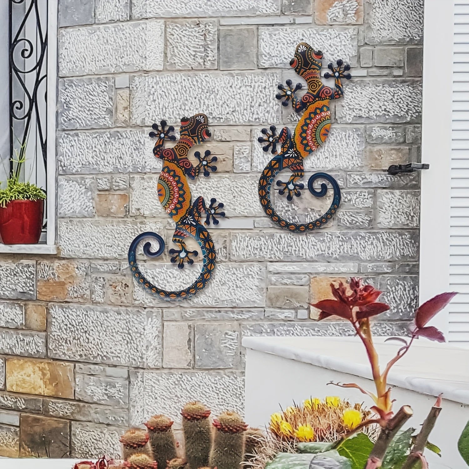 Set van 2 Metalen Gekko Wanddecoratie - Levendige Tribal Patronen voor Binnen & Buiten