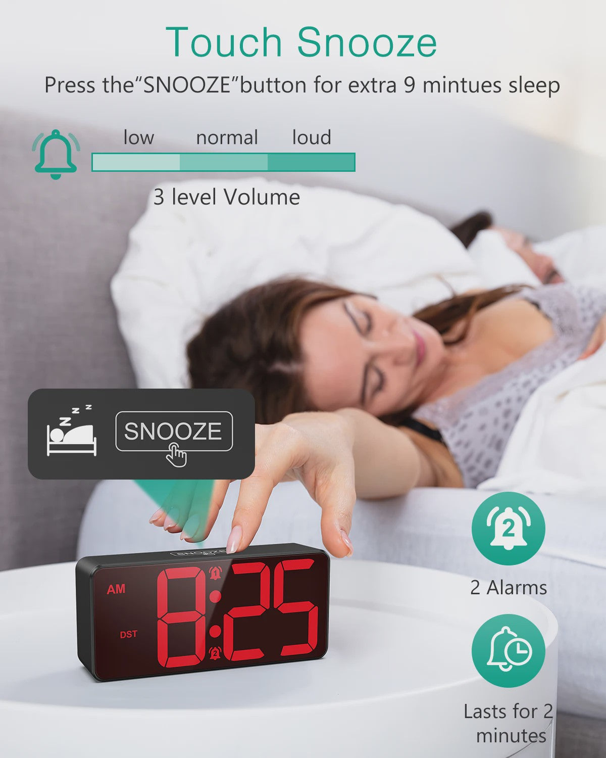 ORIA Digitale Wekker - Batterijgevoed met Groot LED Display, Dubbel Alarm & Snooze