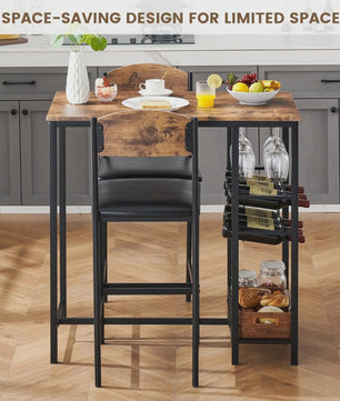 3-delige Bartafel Set met 2 Stoelen, Wijnrek en Opbergruimte