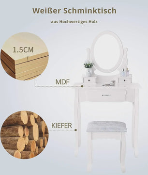 Klassieke Kaptafel met Spiegel en Krukje - Wit