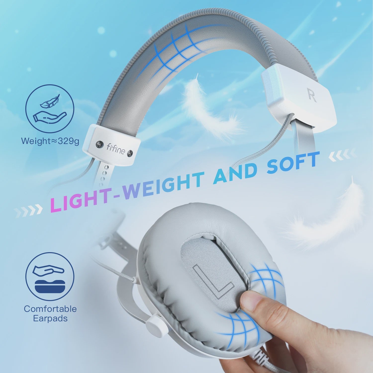 FIFINE H9W Gaming Headset met 7.1 Surround Sound, USB & 3.5mm Jack, Microfoon - Wit