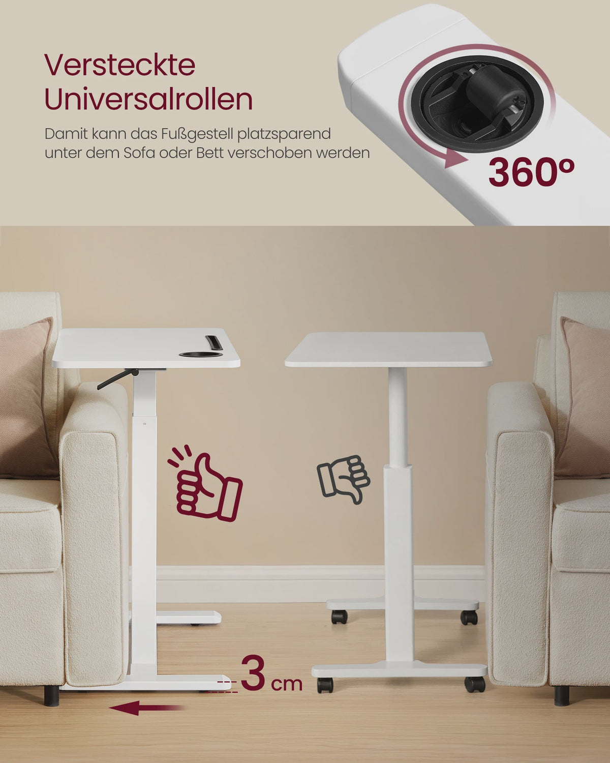 VASAGLE Mobiele bijzettafel met wielen, verstelbare hoogte, 70x40 cm, 2 bekerhouders - Ideaal als laptoptafel of bar