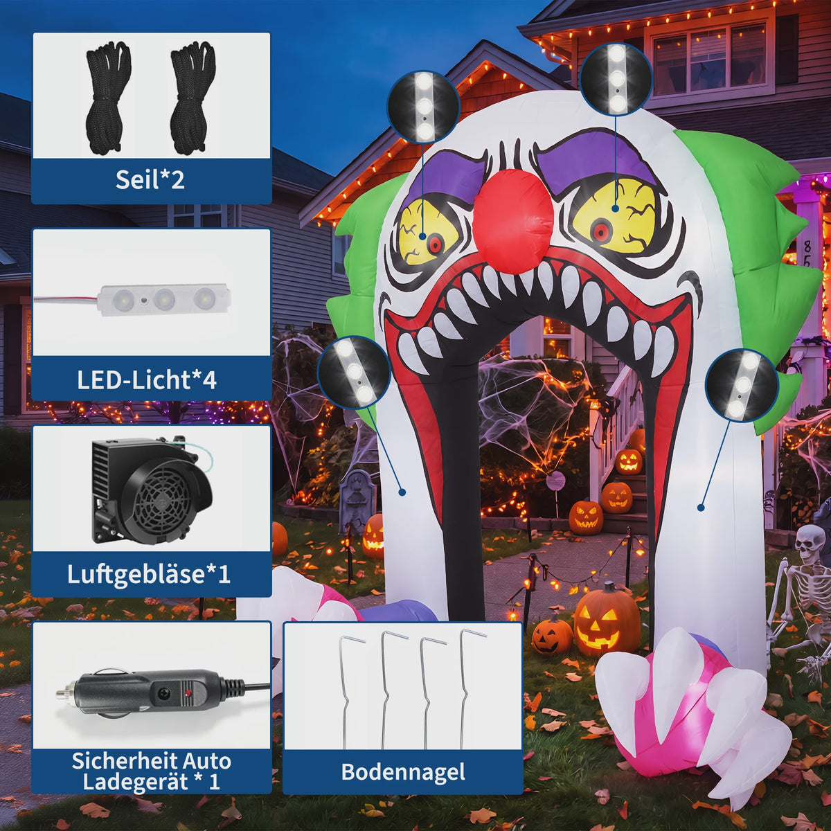 Opblaasbare Halloween Clown Poort 180cm met LED Verlichting - Tuindecoratie