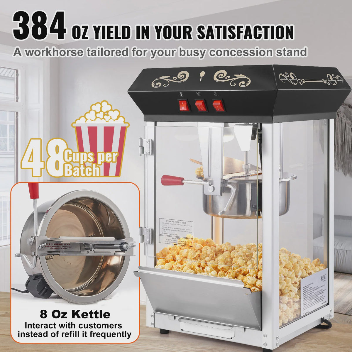 Professionele Popcorn Machine 850W - 8oz Ketel - Maakt tot 48 Cups per Batch