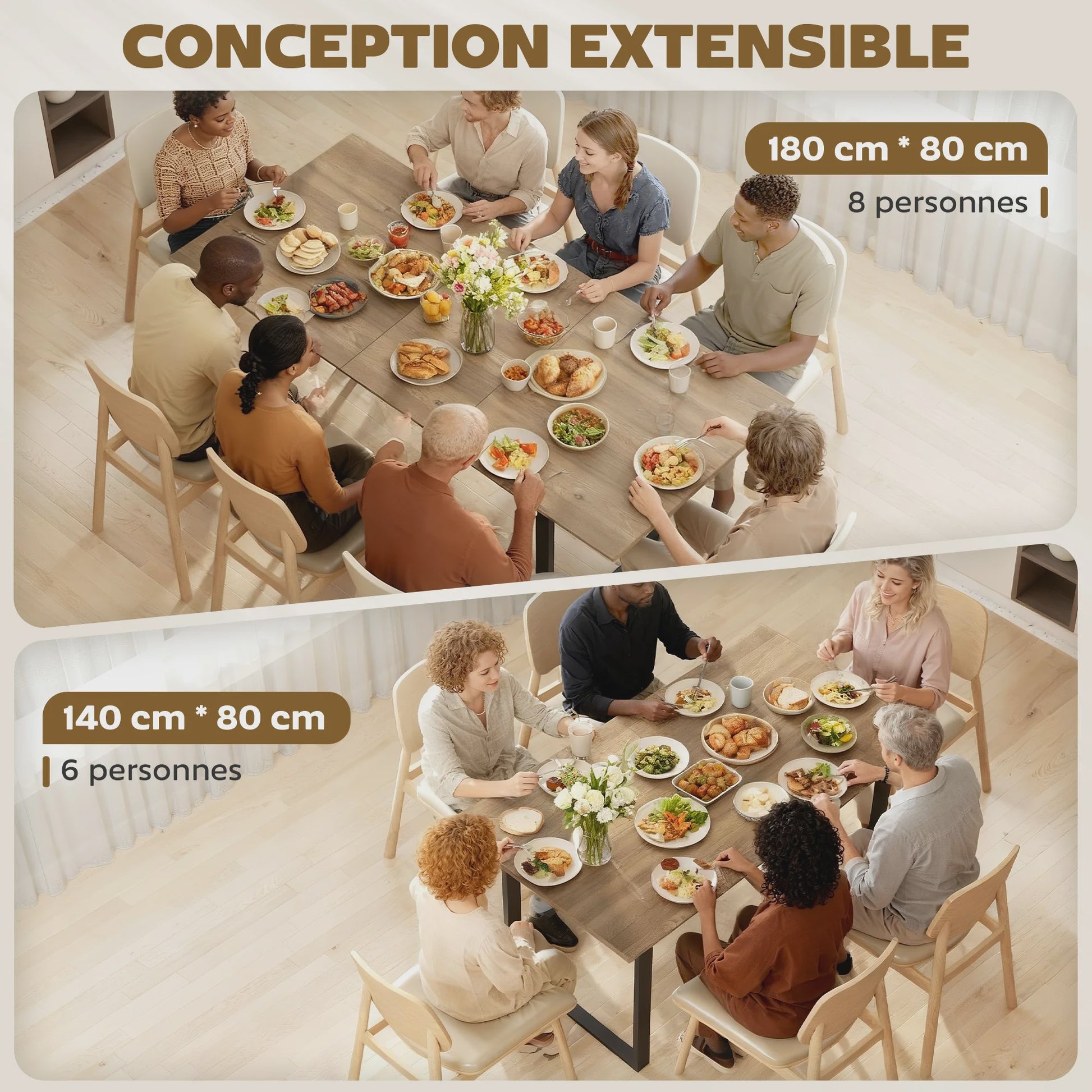 Uitschuifbare Eettafel Industrieel Stijl - 140-180 cm - Natuurlijk Hout Effect - Geschikt voor 6-8 Personen