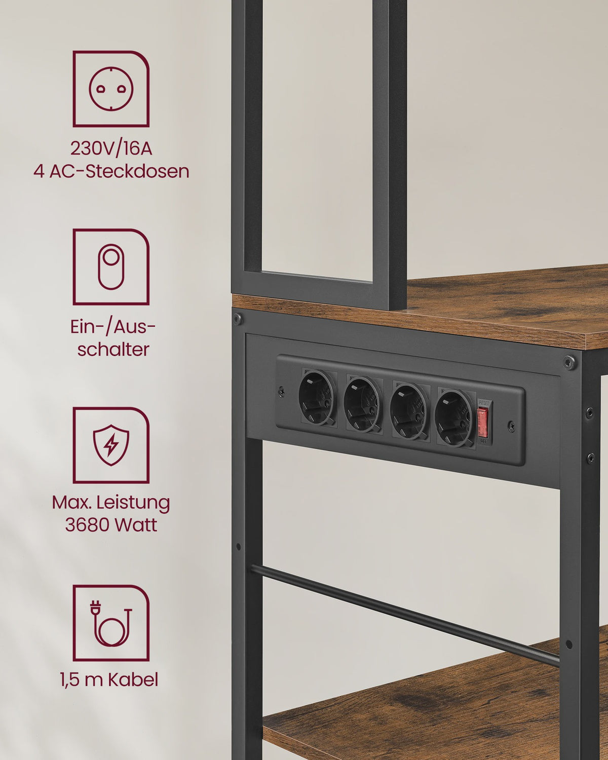 VASAGLE Keukenrek met Stopcontacten - 40x100x180.4 cm - Bruin