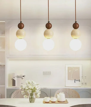 Stijlvolle Cream Wabi-Sabi Hanglamp met Hout en Natuursteen - Sfeervol Licht voor Slaapkamer of Bar