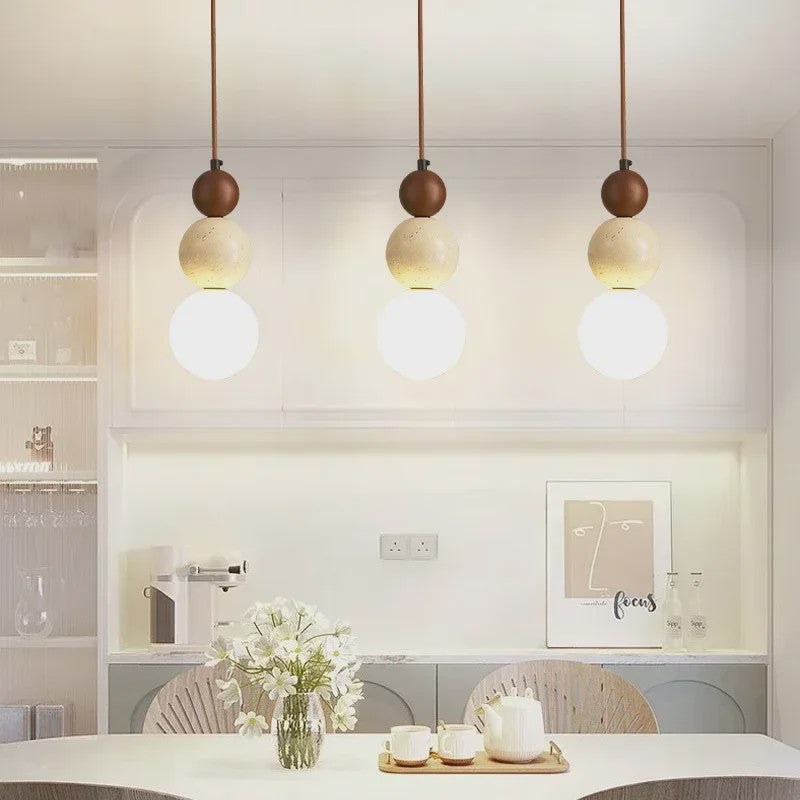 Stijlvolle Cream Wabi-Sabi Hanglamp met Hout en Natuursteen - Sfeervol Licht voor Slaapkamer of Bar