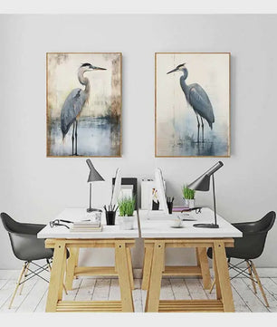 Minimalistische Blauwe Reiger Aquarel Poster - Stijlvolle Wanddecoratie