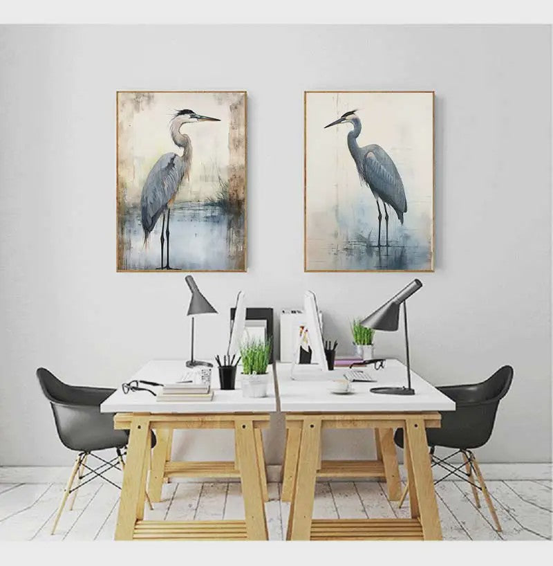 Minimalistische Blauwe Reiger Aquarel Poster - Stijlvolle Wanddecoratie