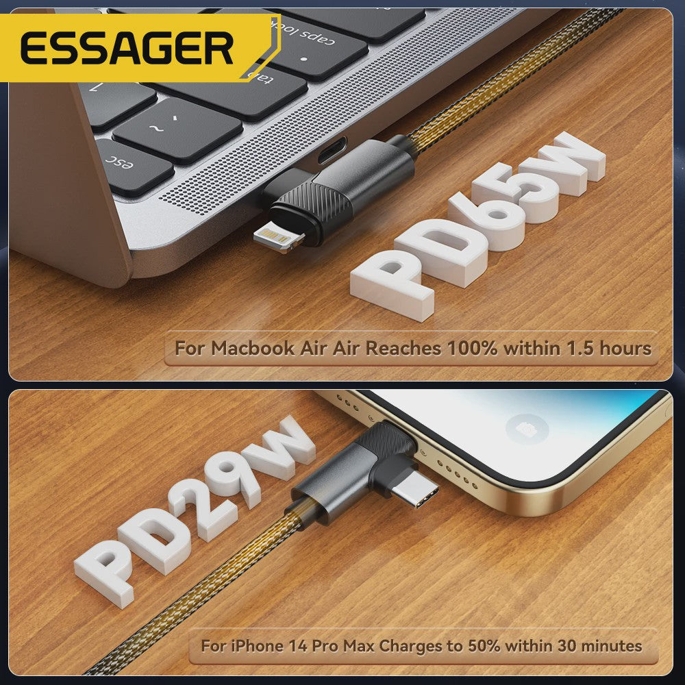 Essager 2-in-1 Hoek Kabel: PD 65W Snelladen & Data | USB-C & Lightning