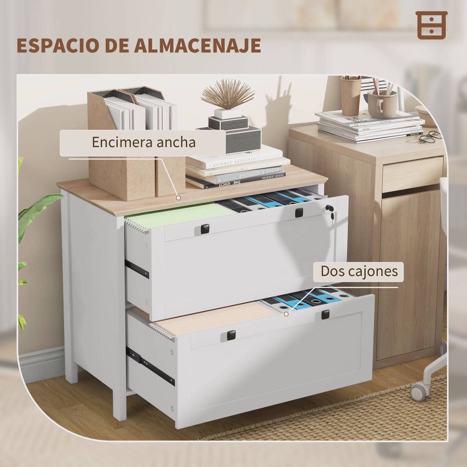 Homcom Archiefkast met 2 Lades, Hangmappen en Slot - Oak/Wit - 79x40x72 cm