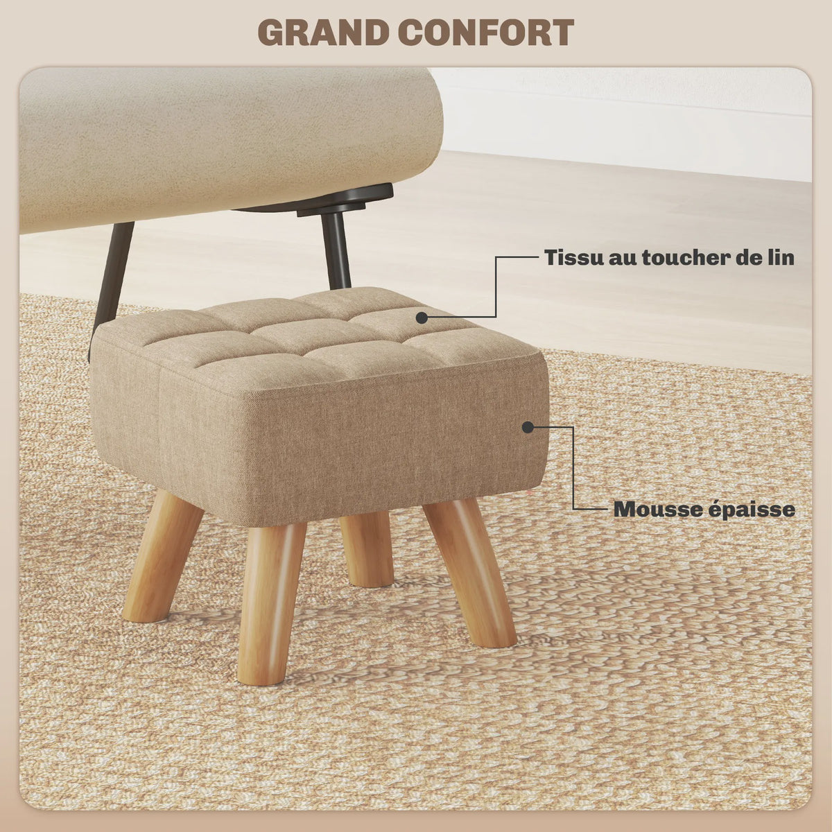 Stijlvolle Voetenbank / Poef met Stoffen Zitting en Houten Poten - Compact en Comfortabel