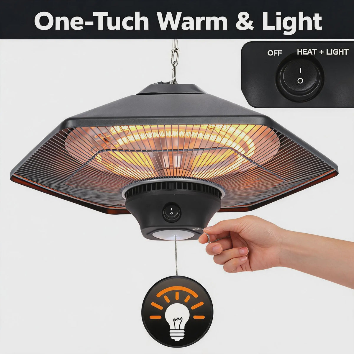 2000W Plafond Terrasverwarmer met LED Licht - Infrarood Verwarming, Afstandsbediening & 3 standen