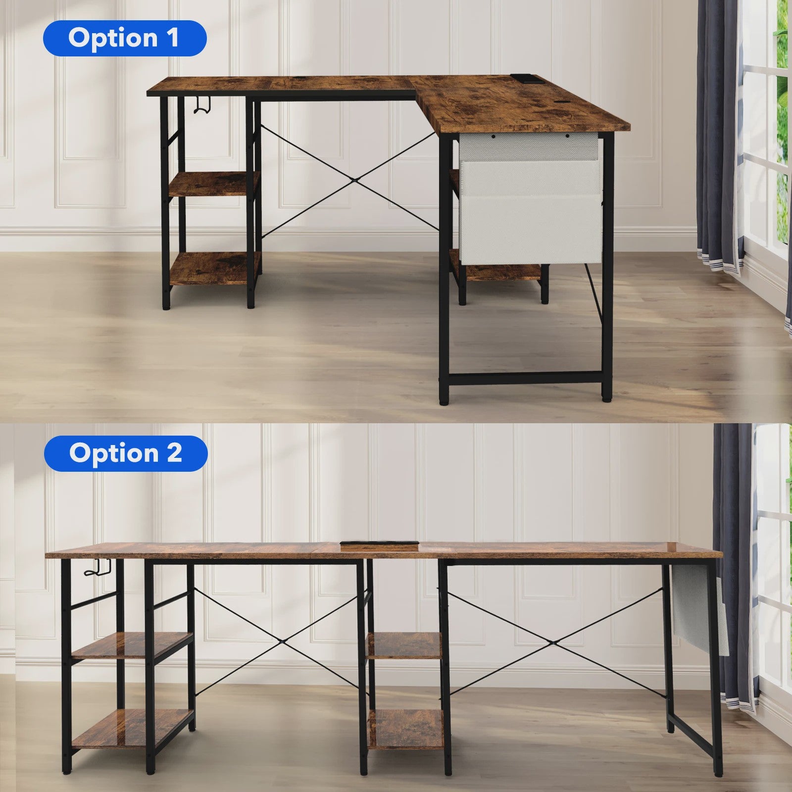 Industriële L-vormige Bureau 140/230cm met Opbergruimte en Geïntegreerd Stopcontact