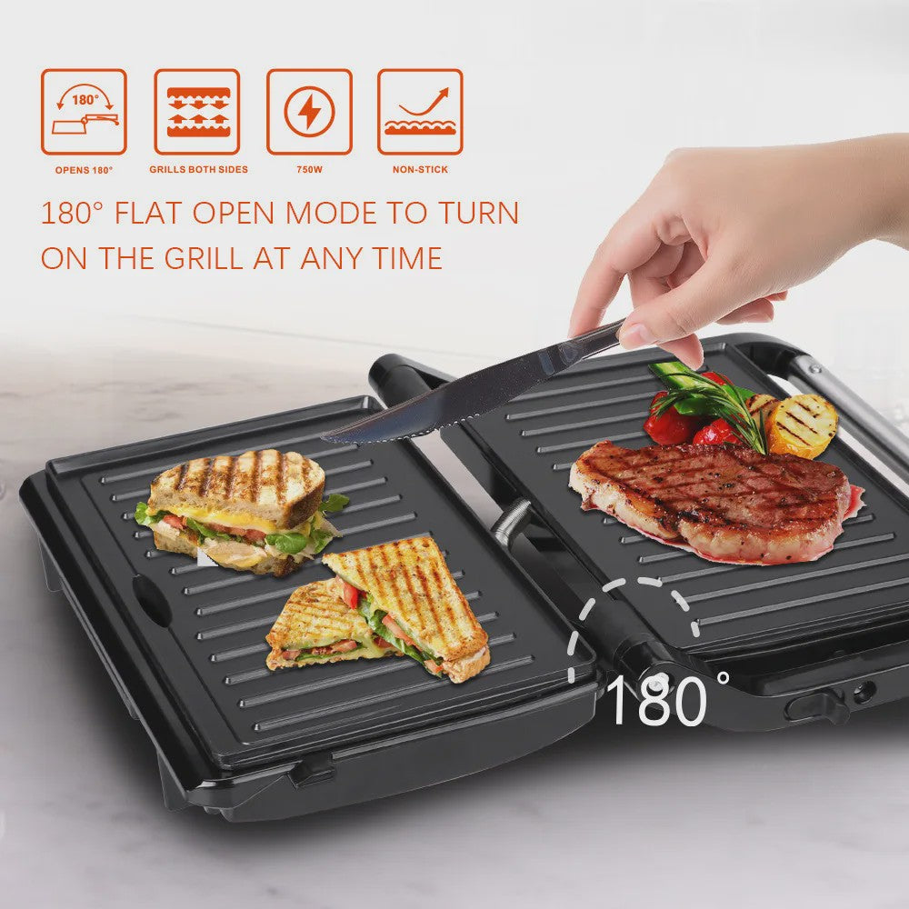 Elektrische Contactgrill & Panini Pers - 750W - 180° Open - Grill, Bakplaat & BBQ