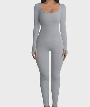 Ribbel Jumpsuit Dames - Naadloos Seamless Sport Bodysuit met Lange Mouwen