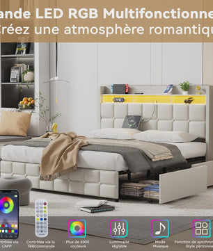 Luxe Gestoffeerd 2-Persoons Bed 140x190cm met PU Hoofdbord, LED Verlichting, USB & Opbergruimte