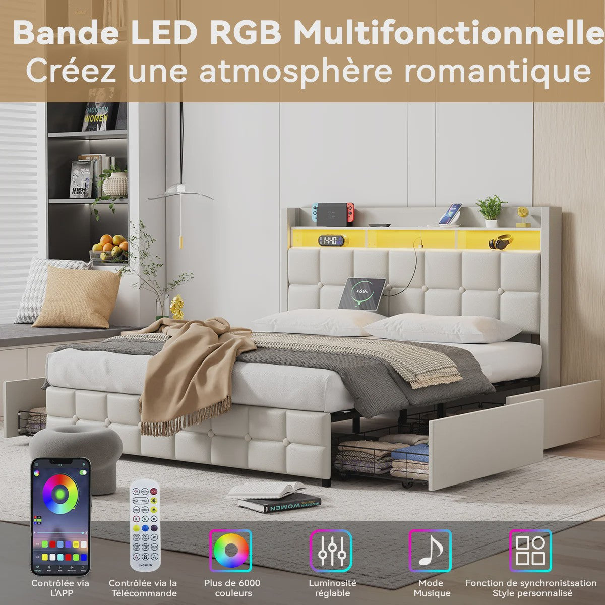 Luxe Gestoffeerd 2-Persoons Bed 140x190cm met PU Hoofdbord, LED Verlichting, USB & Opbergruimte