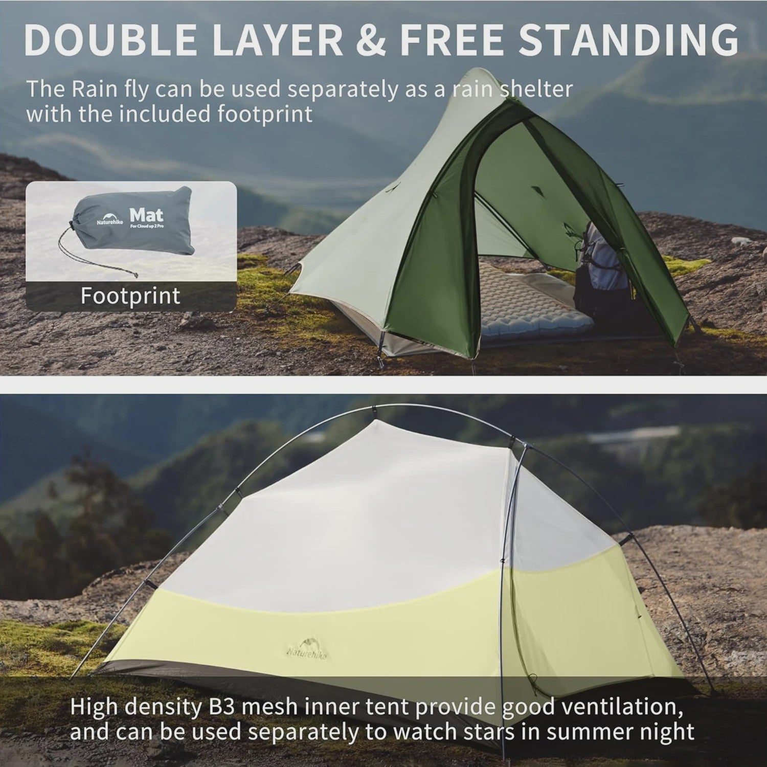 Naturehike Cloud Up Pro 1-Persoons Lichtgewicht Trekking Tent - Waterdicht & Eenvoudig Op te Zetten