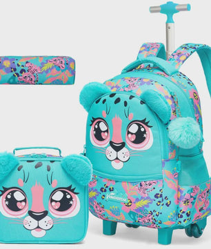 3-delige Kinder Trolley Rugzak Set met Wieltjes, Lunchtas en Etui - Meisjes